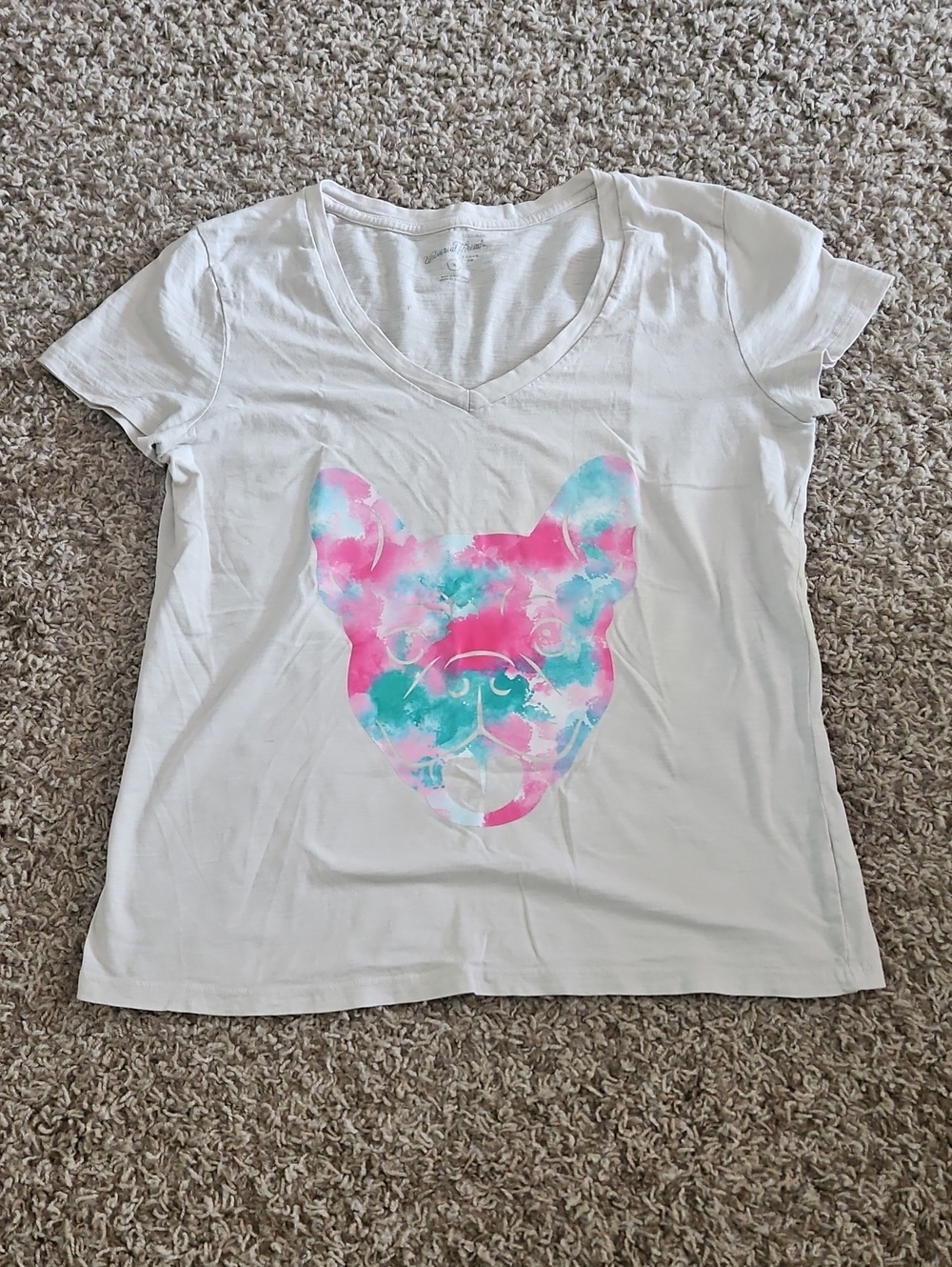 White V-Neck Tee with Pink & Teal Dog Graphic